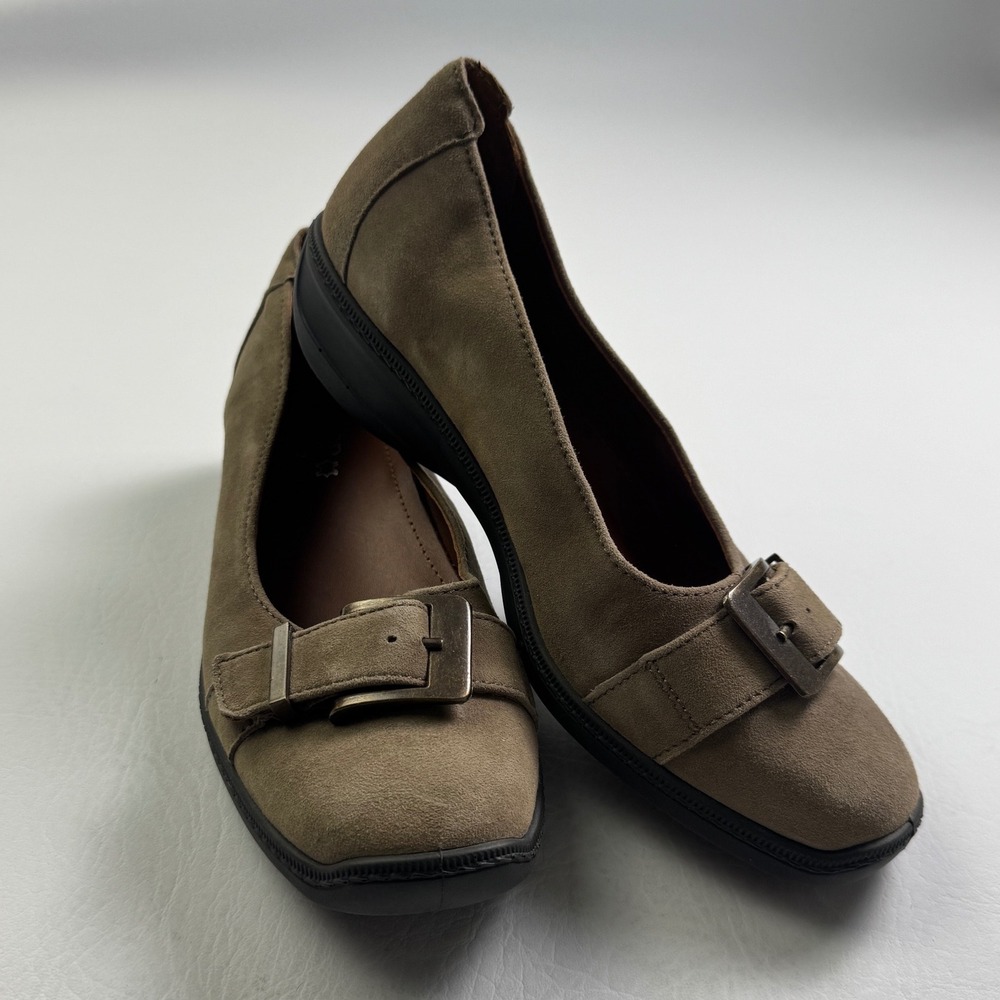 Hotter Trust Suede Loafer Taupe Brown Buckle Square Toe Shoes Womens 7.5 P019494